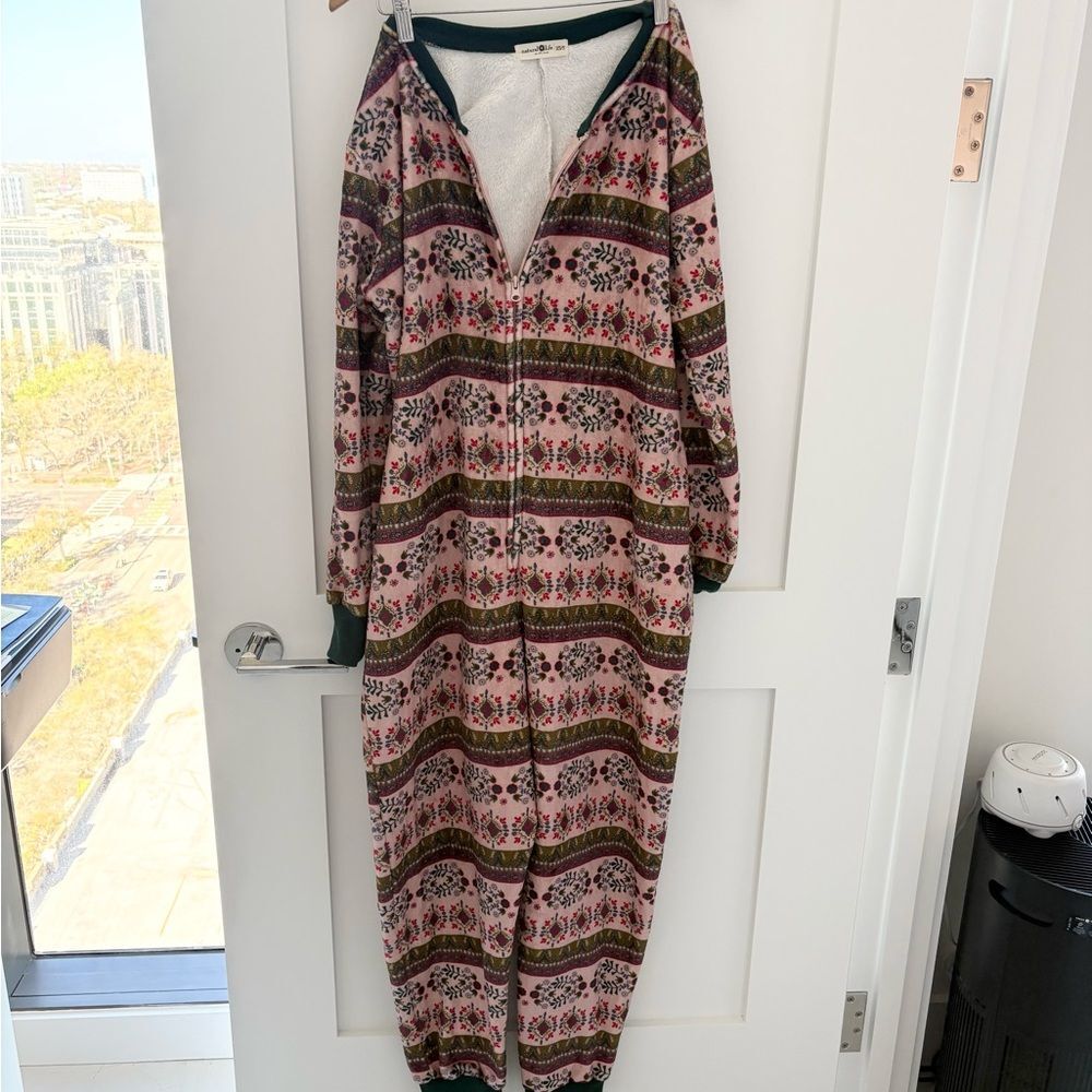 Natural Life Floral Fleece Onesie Pajamas Boho Zip Sherpa Lined Lounge-XS/S